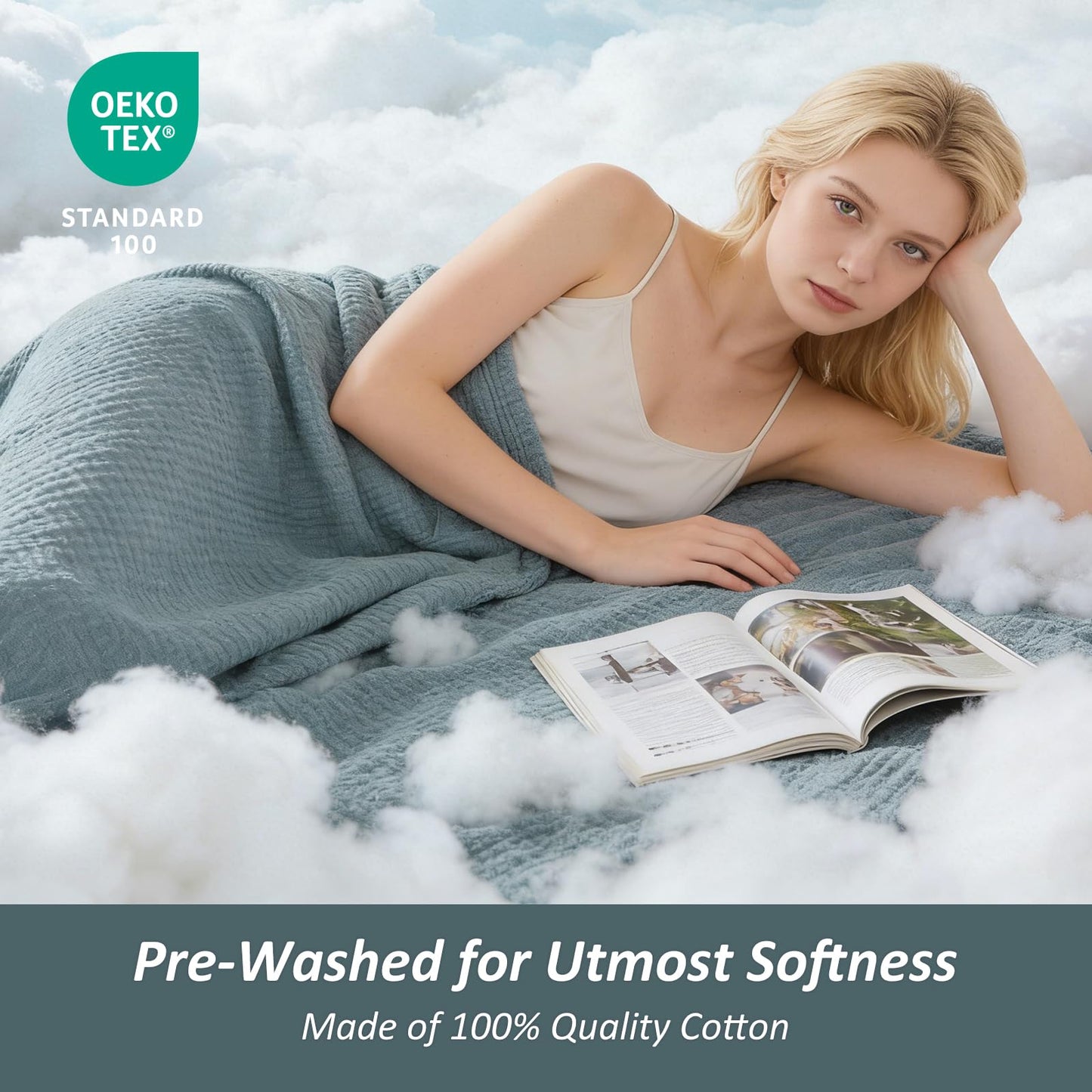 EMME Cotton Muslin Large Throw Blanket Couch Breathable Gauze Soft Lightweight Bed Blankets Adults (Heather Teal, 50"x70")