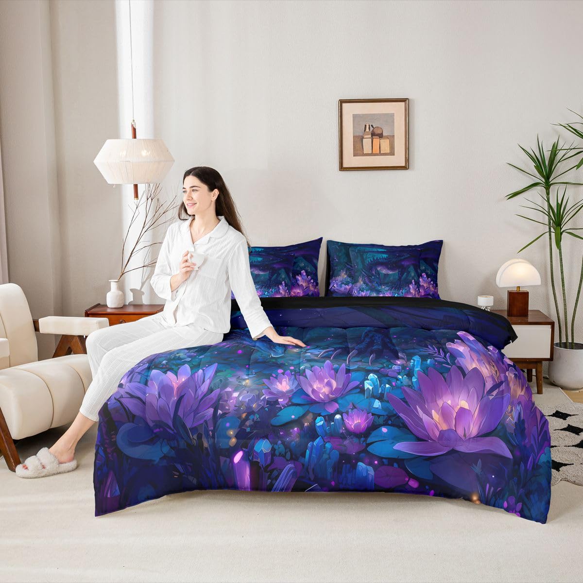 Feelyou Dragon Comforter Set with Sheets 7 Piece Twin Size Dragon Stuff Bedding Set for Kids Boys Girls Wild Life Bed in a Bag Magic Wildlife Room Decor Purple and Black Soft Lightweight Microfiber