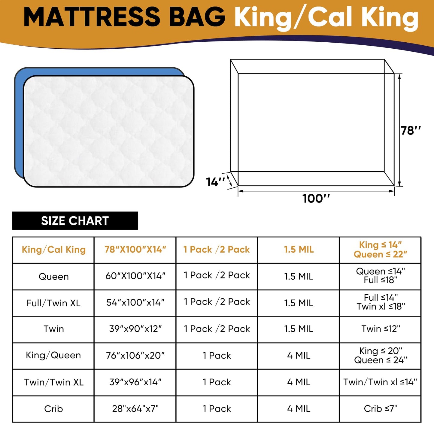 CHUPER King/Cal King Mattress Bag for Moving and Storage,Waterproof Plastic Mattress Cover for Disposal and Protection