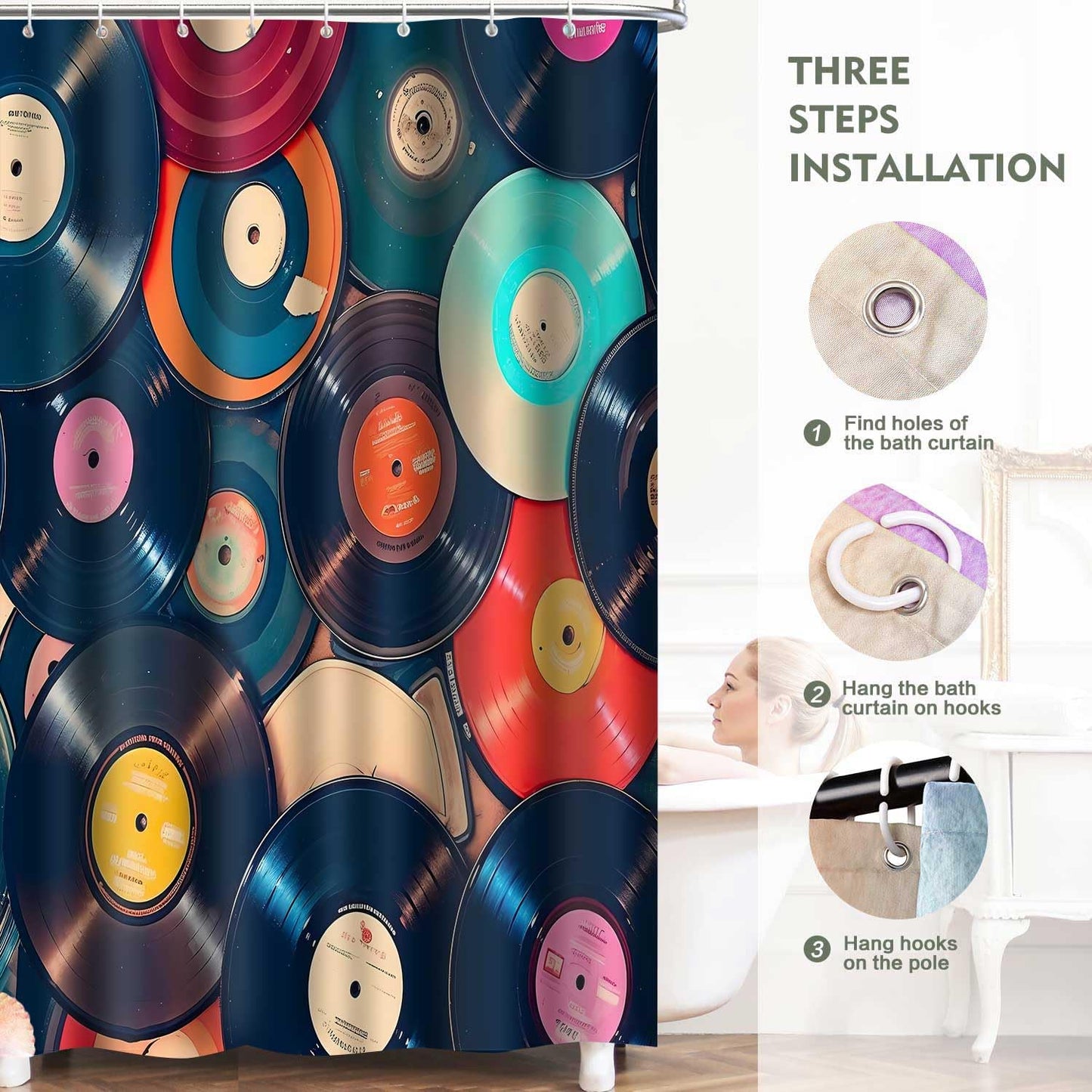 TPMDFC Retro Music Shower Curtain 72x72inch Music Records Bathroom Shower Curtains, Musicial Disc Album Bathroom Bathtubs Decor Set with 12 Hooks YLOKTP0444