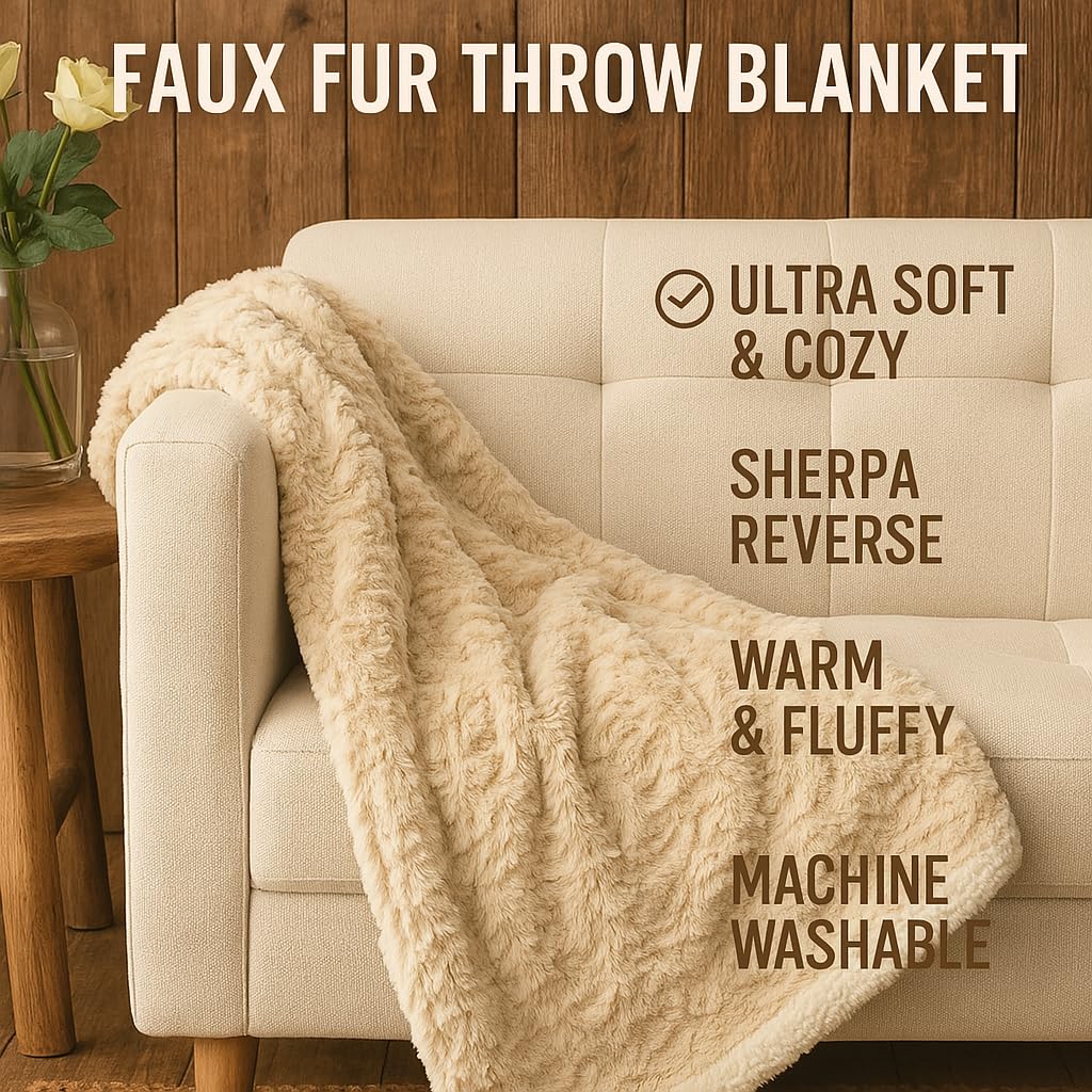 DaDa Bedding Champagne Ivory Faux Fur Throw Blanket - Dreamy Neutral Nude Gold Geometric Embossed Sherpa Backside - Super Soft Warm Cozy Plush Fluffy - 50" x 60"