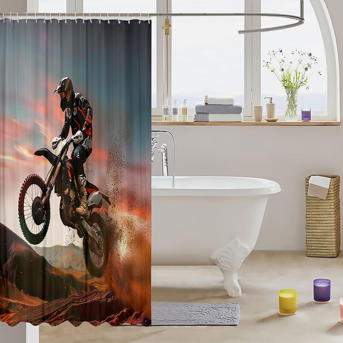 Feelyou Motorcycle Shower Curtain Dirt Bike Fabric Shower Curtain for Kids Boys Girls Extreme Sports Theme Bathroom Waterproof Accessories with 12 Hooks Motocross Curtains,72x72 Inches