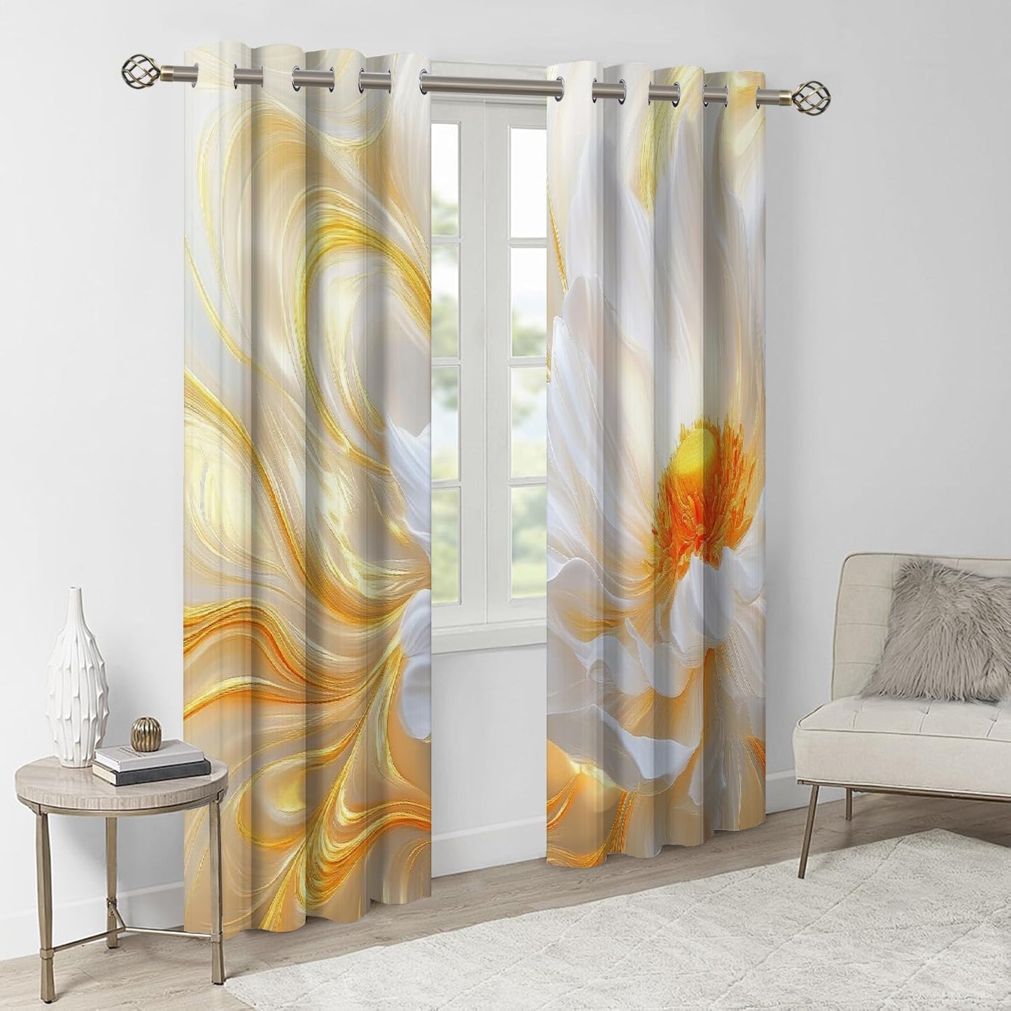 Blooming White Flowers Blackout Curtains, Shiny Gold Background Window Curtain Set of 2 Panels, 3D Printed Darkening Thermal Insulated Drapes for Bedroom Home Living Room(63" W x 63 "L)