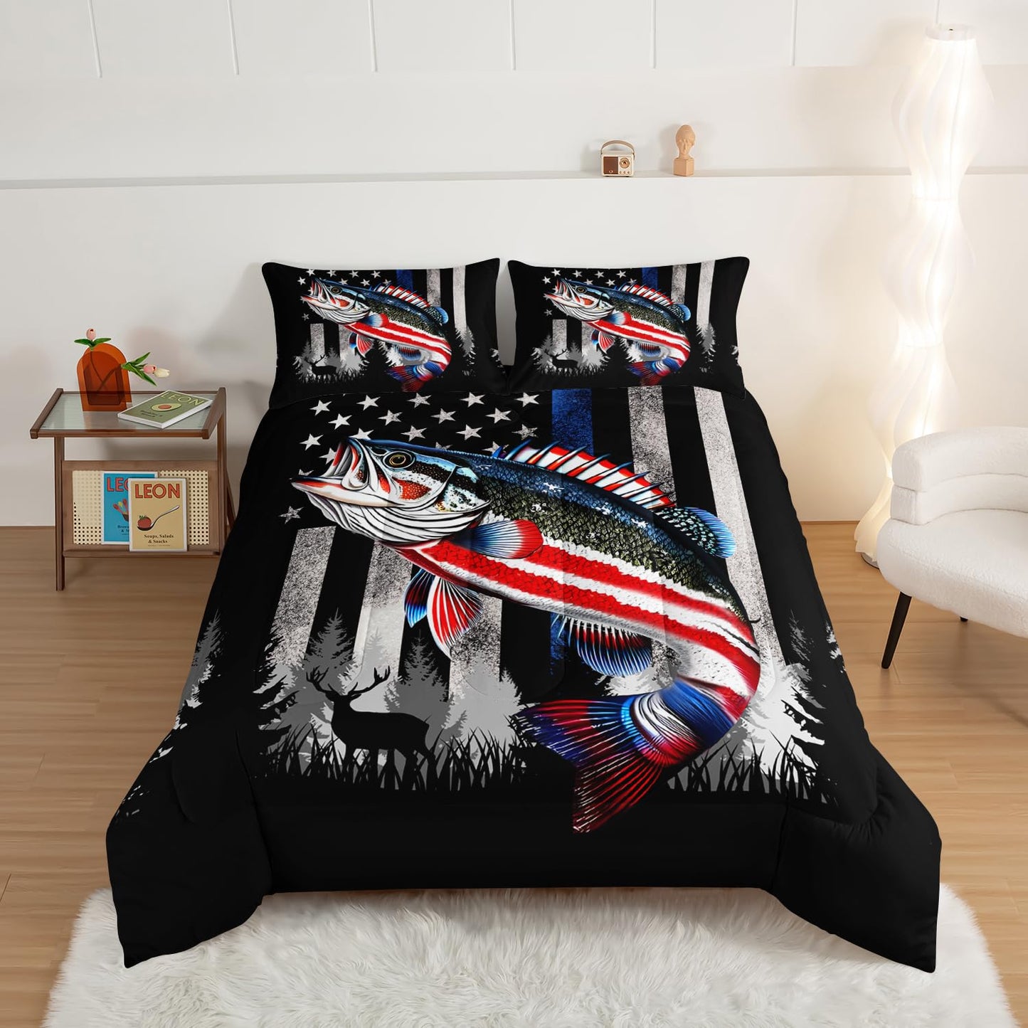 HOSIMA Soft Microfiber Black Full Size Comforter with 2 Pillowcases,American Flag Striped Bass Pattern Bedding Sets,Fishing Comforter Kids Men Boys Room Decor,Bed in a Bag Full Size for Teens.