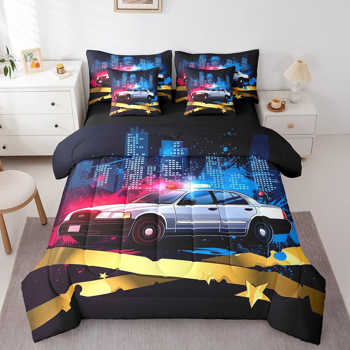 Erosebridal Police Car 7 Piece Comforter Set Full Bed in a Bag,Policeman Vehicle Car Bedding Sets Red Blue Cop Lights Truck Sheet Set with Comforter