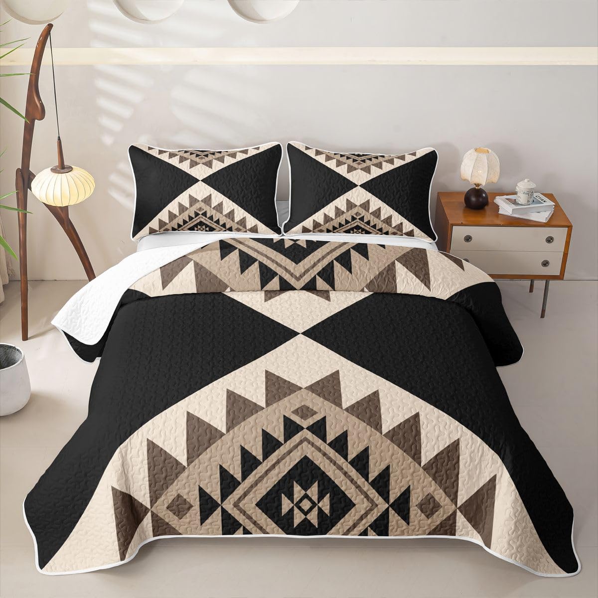 Erosebridal Black Beige Abstract Quilt Modern Boho Western Aztec Quilt Set Twin Size Geometric Stripes Coverlet Minimalist Stylish Art Southwestern Quilted Bedspread Bedroom Decor