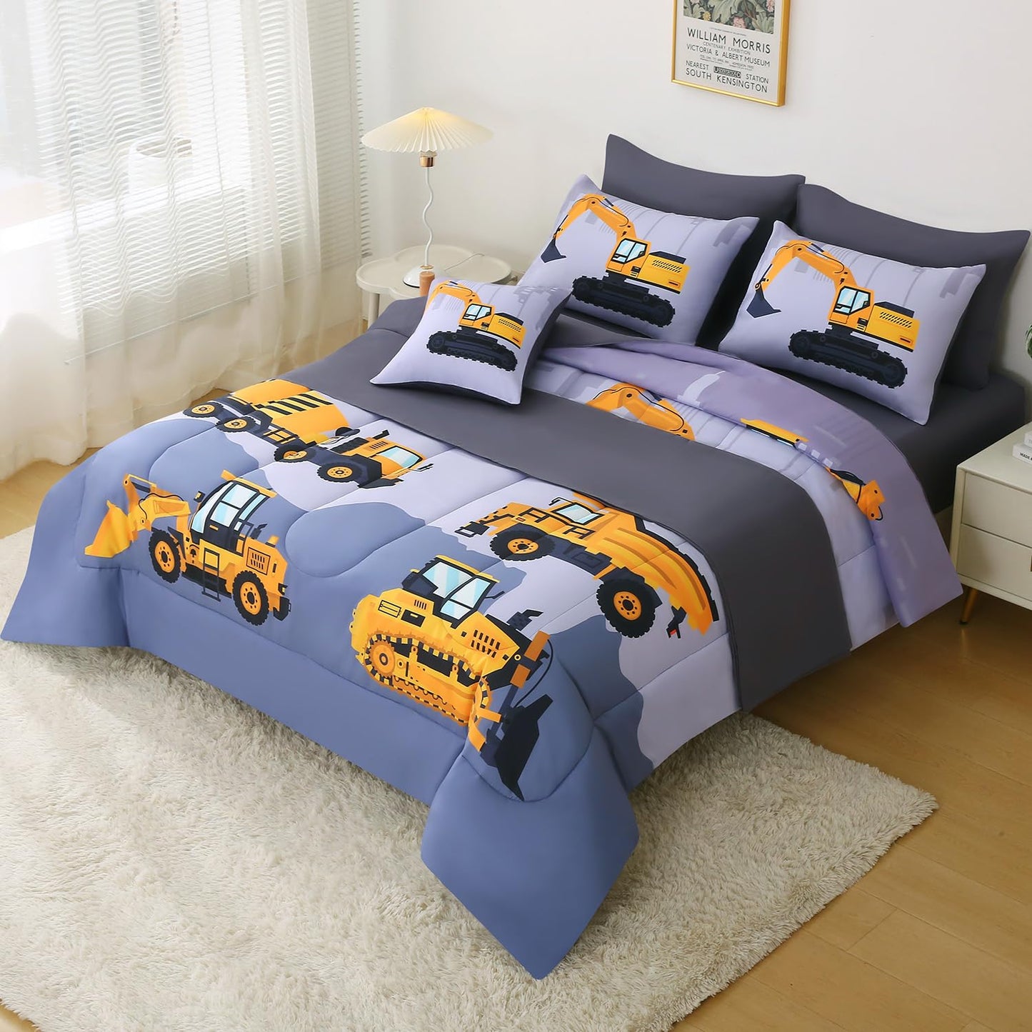 JQinHome Construction Twin Bedding Sets for Boys Kids,6 Piece Bed in A Bag 3D Cartoon Car Excavator Tractor Comforter Set with Sheet Set,Trucks Cars