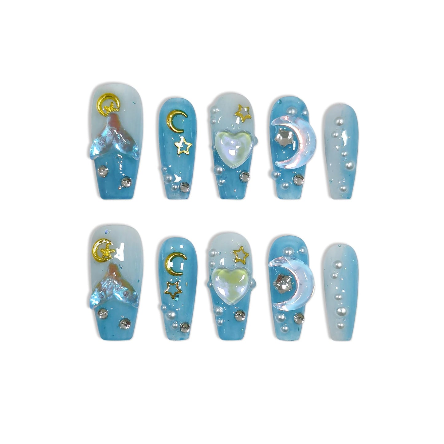 TENPAL Blue Mermaid Ombre Handmade Press on Nails Coffin,10Pcs 3D Glowing Hearts Seashells Designs Glue on Nails Kit,Ocean Siren Vibes Fake Nails for Summer, Sea Nails for Dressing(XS)