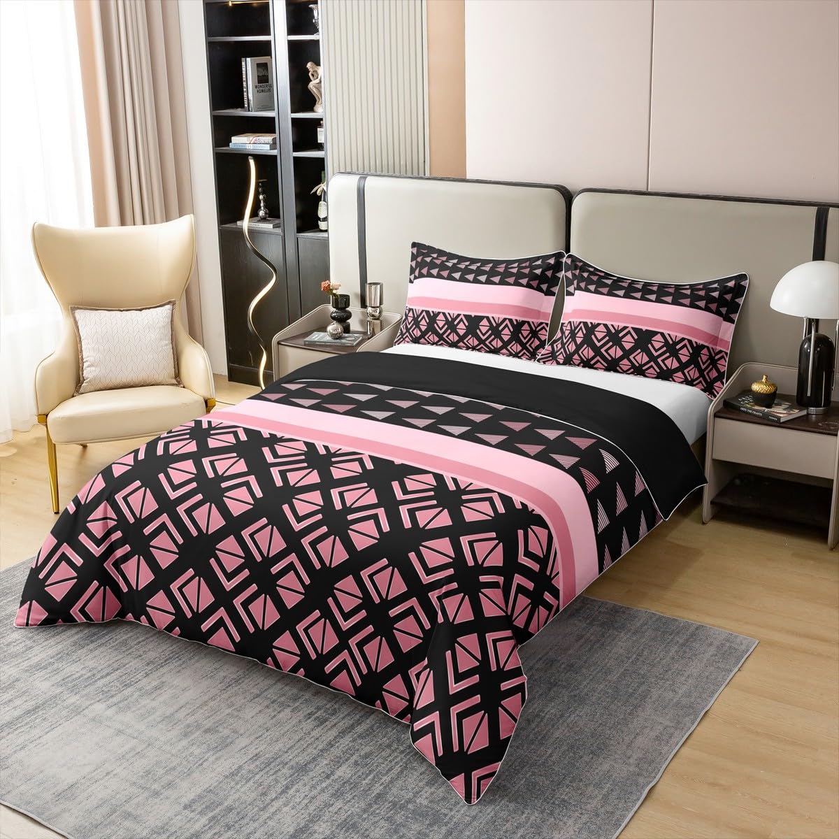 jejeloiu Comforter Cover Set Hexagonal Geometrical Bedding Set for Kids Boys Girls Triangle Duvet Cover 100% Cotton Pink Black Bedspread Cover Bedding（No Comforter） Queen