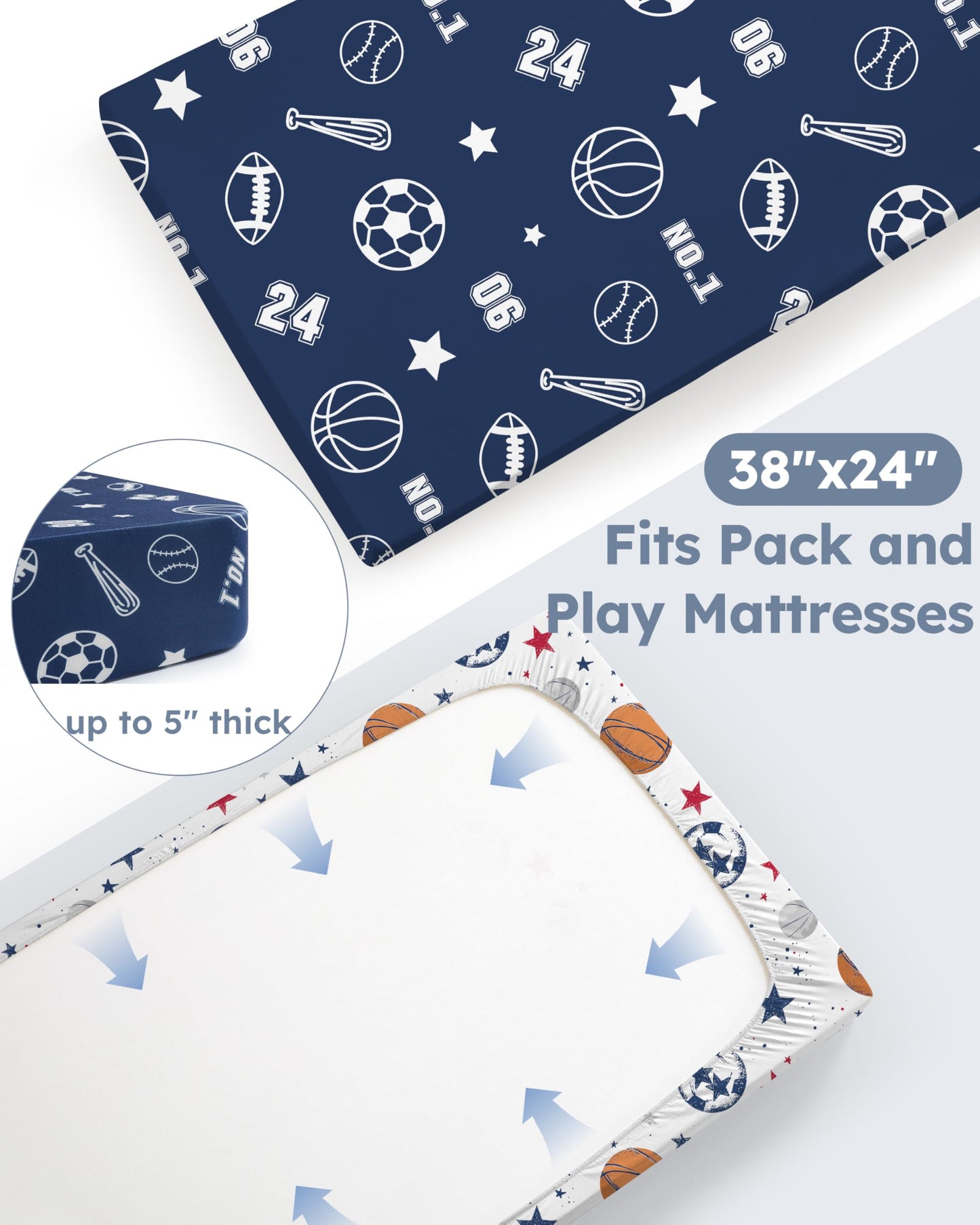 Nyessmee Pack and Play Sheets for Boys Girls, 38" x 26" Mini Crib Sheets Fitted for Pack n Play Mattress, Soft Breathable Playard Sheets, 2-Pack Blue Basketball
