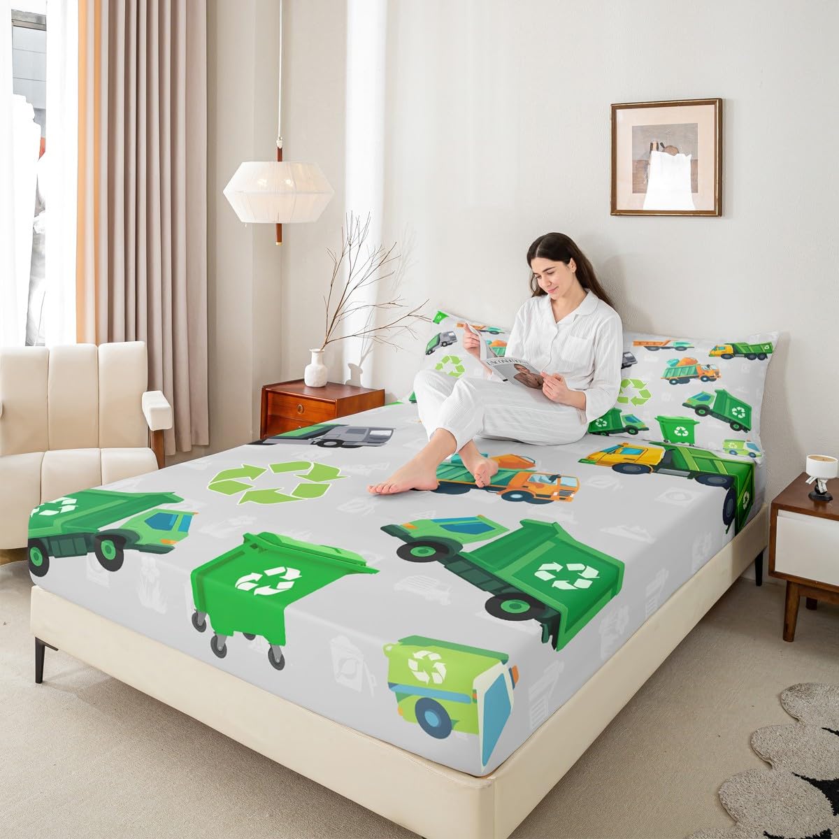 Boys Green Garbage Truck Bed Sheets Set Cartoon Trash Truck Fitted Sheet for Kids Boys Girls Teens Green Vehicle Car Bedding Set Garbage Truck Toy Bed Cover Full Size with 2 Pillow Case