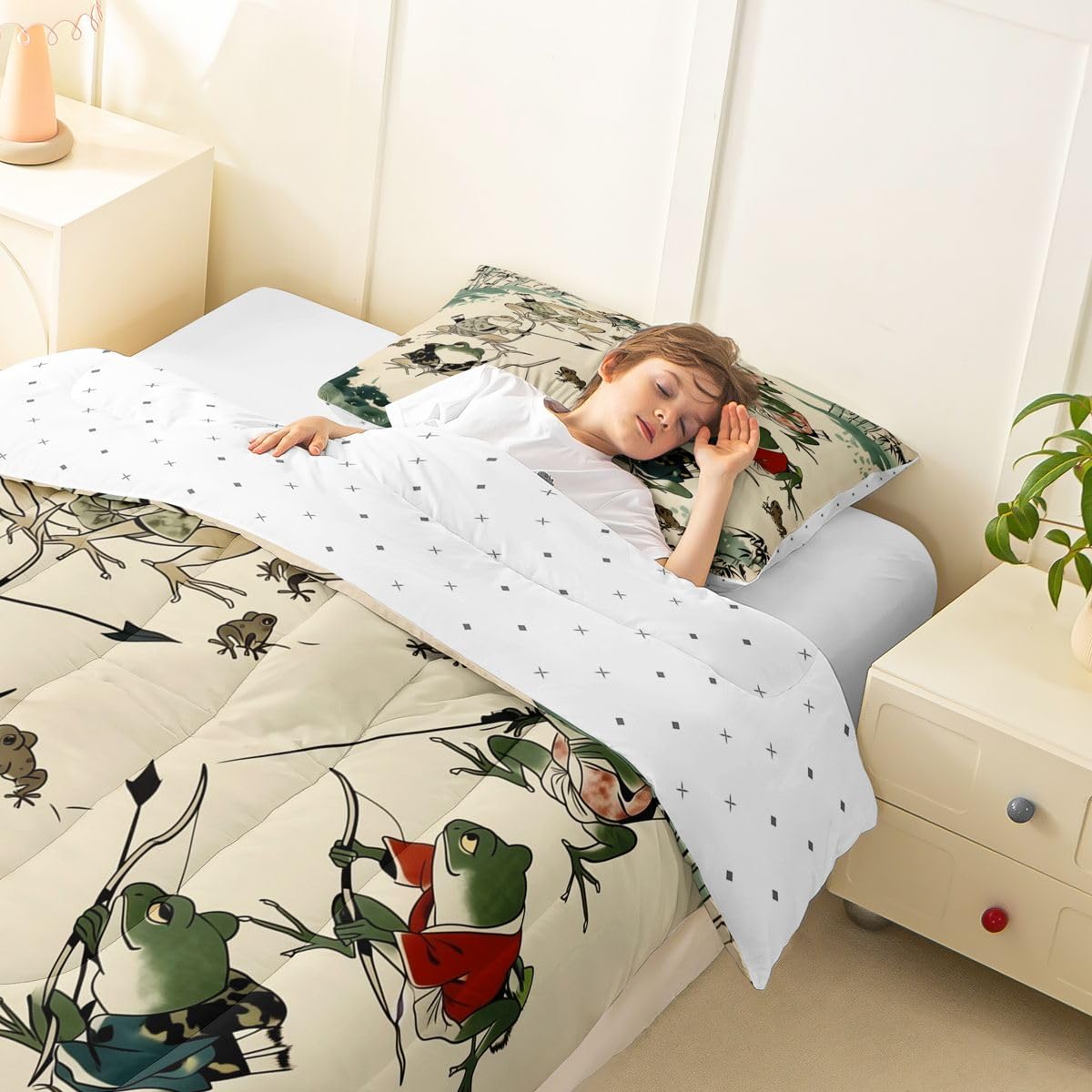 jejeloiu Funny Frog Bedding Set Soft for Boys Girls, Japanese Comforter Set Queen Size Asian Style Duvet Quilt Microfiber Animal Print Bedroom Decor 3 Pcs with 2 Pillow Cases
