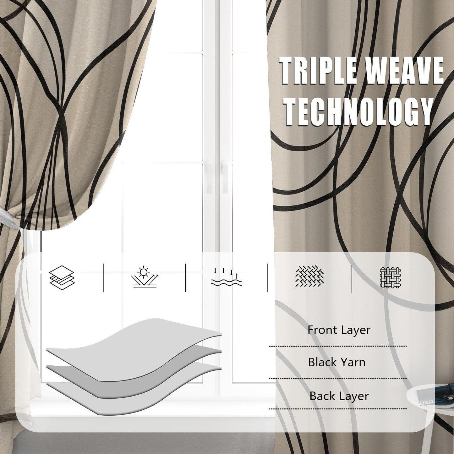 Modern Curtains Blackout, Abstract Line Curtains, Contemporary Neutral Curtain for Windows, Minimalist Japandi Wabi-Sabi Drapes for Bedroom Living Room, Grommet Curtain 84 Inches Long 2 Panel Set