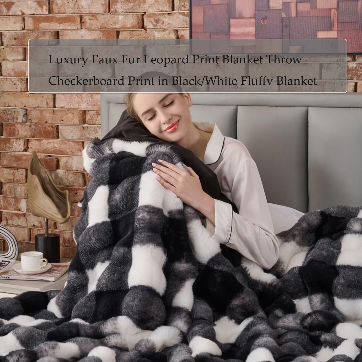 760GSM Faux Rabbit Faux Fur Throw Blanket,Super Thick Warm Bubble Blanket Throw,Fuzzy Luxury Plush Decorative Blanket for Couch Bed Sofa(Checkerboard Print in Black/White,50''x 60'')