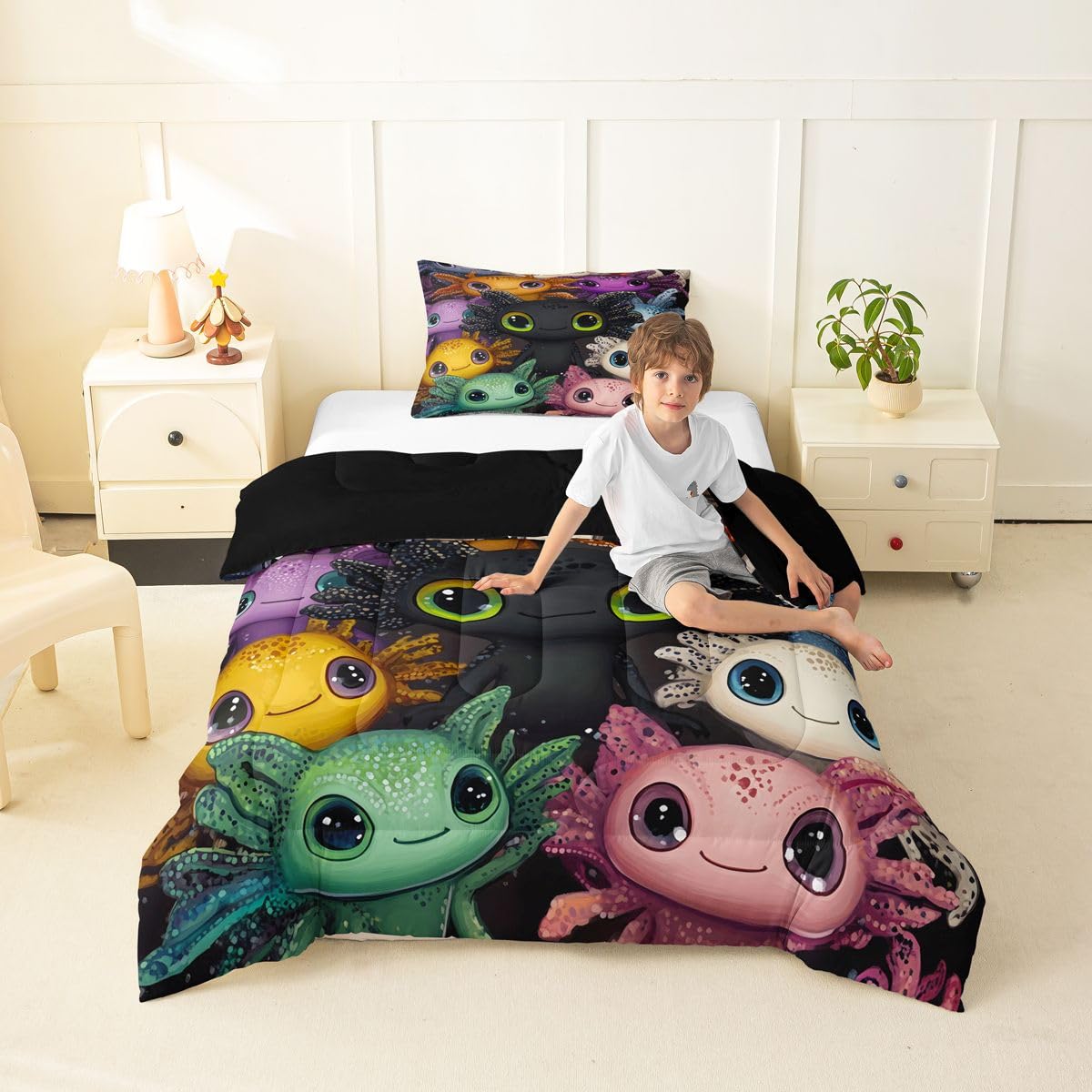 Manfei Kawaii Salamander Kids Comforter Toddler Size,Cute Axolotl Quilt Set for Kids Boys Girls Bedroom Decor,Cartoon Wildlife Kawaii Style Bedding Set,Black Duvet Insert,1 Pillowcase