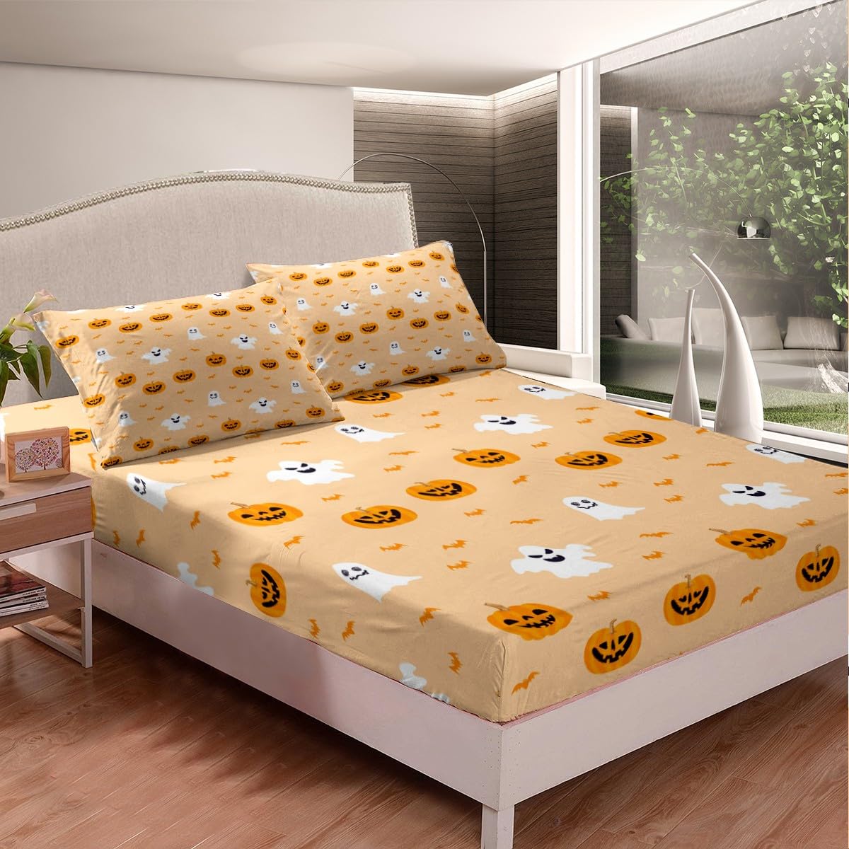 jejeloiu Kids Pumpkin Lantern Sheet Set King Size Halloween Bed Sheets Set for Boys Girls Teens Room Decor Cute Ghost Sheets with Deep Pocket Fitted Sheet Women Men Yellow Bedding Set,4Pcs
