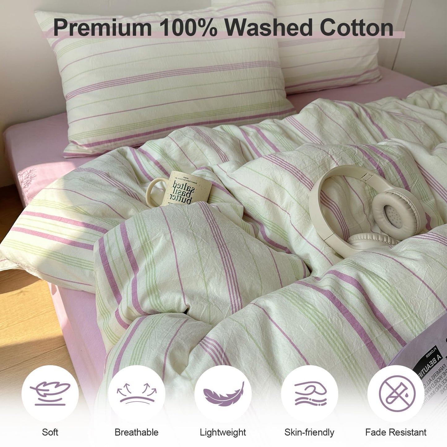 EAVD Retro Striped Duvet Cover Queen Size Soft 100% Cotton Green Purple Vertical Stripes Pattern Bedding Set with 2 Pillowcases Reversible Farmhouse Geometric Pattern Duvet Cover with Zipper