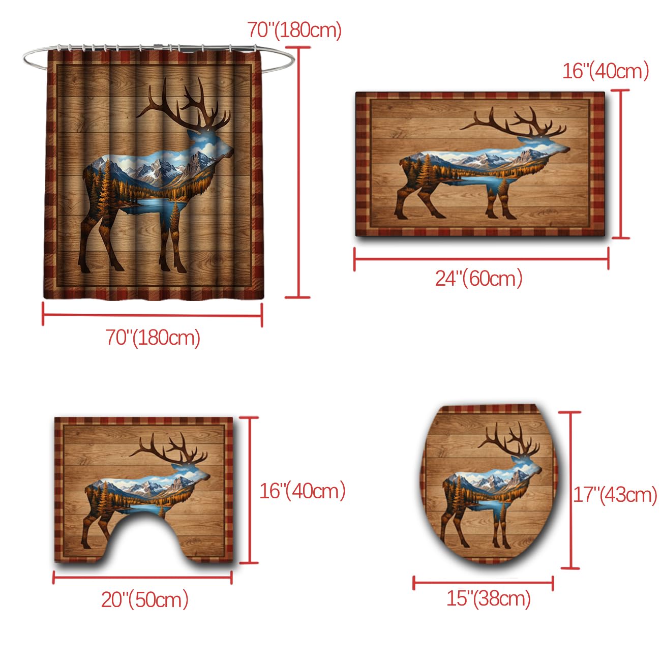 JPSBJWJ 4PCS Deer Shower Curtain Set, Simple Mountain River Forest Wooden Hunting Shower Curtain Set for Cabin Bathroom Decor Bathroom Decor with Toilet Cover and Bath Mat 12 Hooks 70 x 70 Inches