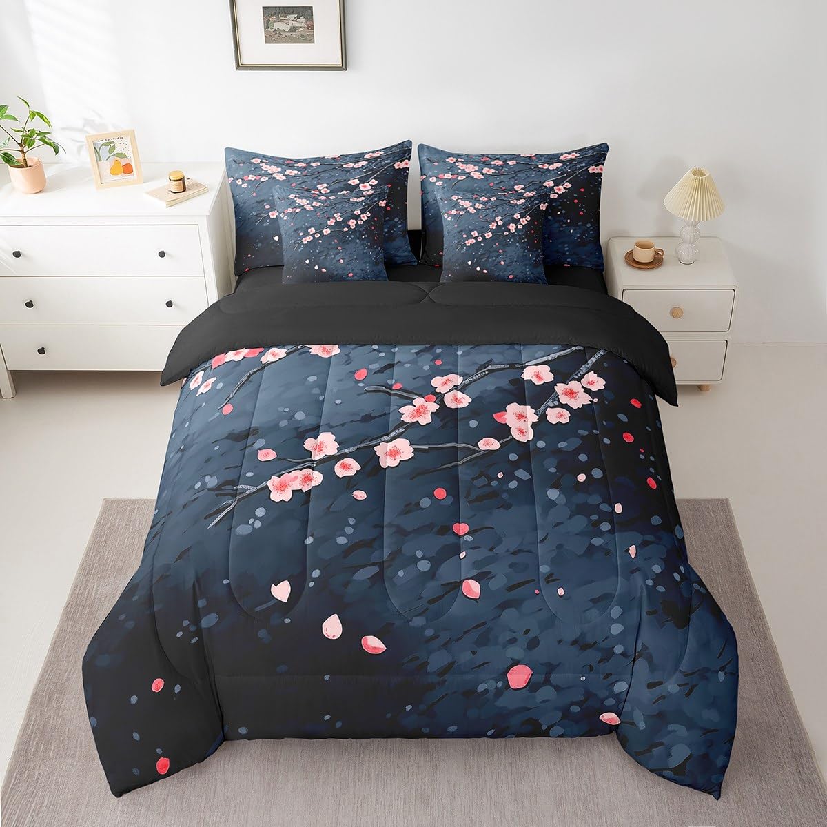 Erosebridal Japanese Cherry Sakura 7 Piece Comforter Set Queen Bed in a Bag,Pink Blossom Bedding Set for Kids Teens Boys Girls,Floral Branches Quilt Duvet,Dark Blue Reversible Sheet Set