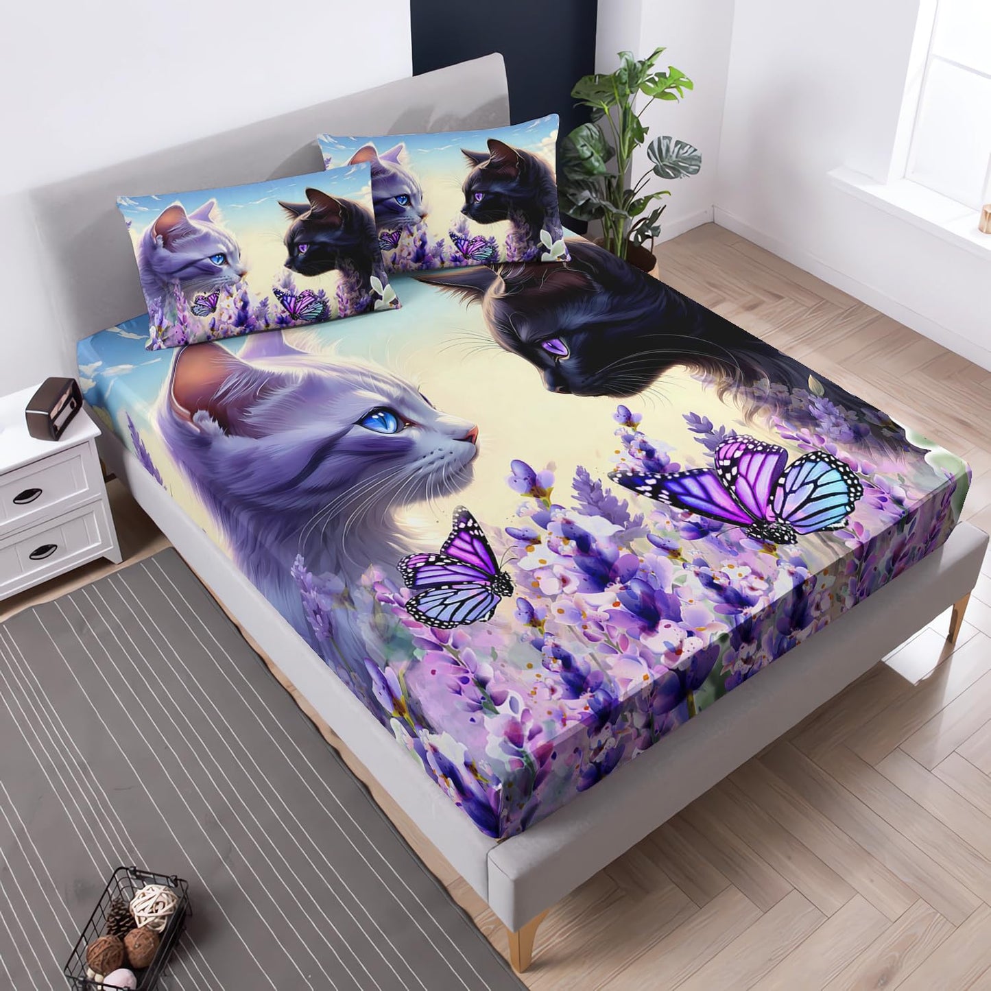 UEVBF Cat Fitted Sheet Toddler Bedding Set,Floral Bedding Animal Themed Fitted Sheet Sets for Kids Boys Girls Room Decor,Cute Bed Fitted Sheet Sets Twin Size,1 Fitted Sheet+2 Pillowcases.