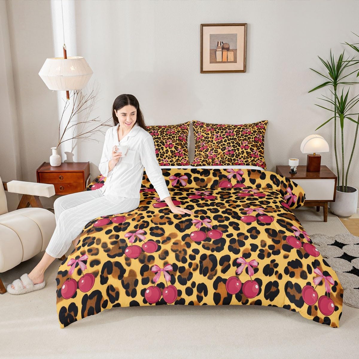 Erosebridal Pink Cherry Bow Comforter Set Leopard Print Full Size Bedding Sets | Cute Ribbon Bowknot Comforter Modern Cheetah Print Bed Set