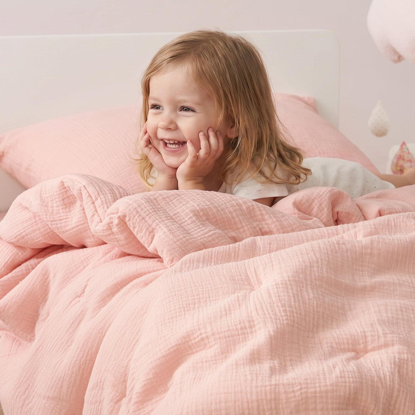 PHF Cotton Muslin Toddler Bedding Set, Soft 3 Piece Toddler Comforter Kids Bed Set, Cute Pink Bedding Set for Girls