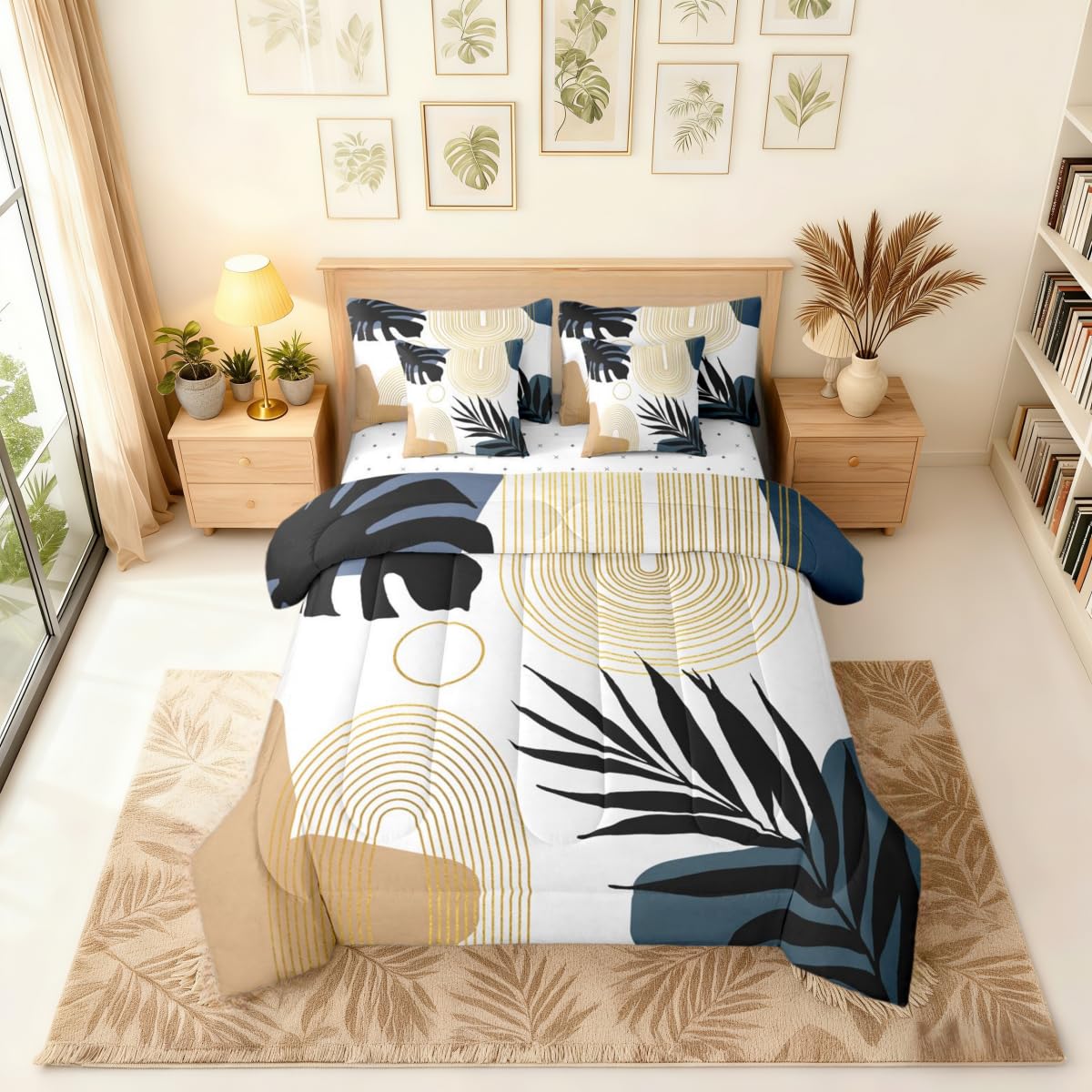 Erosebridal Abstract Tropical Full Comforter Set with Sheets, Chic Boho Plant Palm Leaf 7 Pcs Bedding Set, Bohemian Mid Century Simple Minimalist Bed in A Bag, Modern Geometric Aesthetic Bed Sets