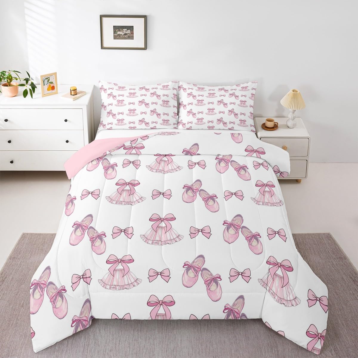 Erosebridal Girls Bow Comforter Set Ribbon Bowknot Ballet Skirt Full Size Bedding Sets | Ballerina Toe Shoe Comforter Kawaii Little Ballet Princess Bed Set