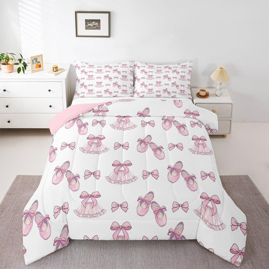 Erosebridal Girls Bow Comforter Set Ribbon Bowknot Ballet Skirt Full Size Bedding Sets | Ballerina Toe Shoe Comforter Kawaii Little Ballet Princess Bed Set
