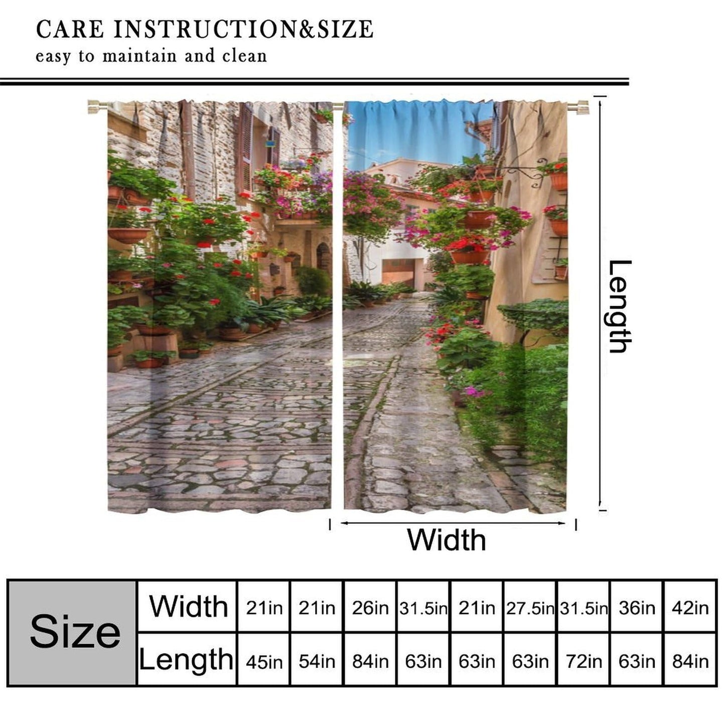 Italian Landscape Decor Curtain, Town Floral Plant Natural European Italy Street Rustic Garden Green Vine Print Rod Pocket Window Drapes, for Bedroom Living Room 42" W X 45" L