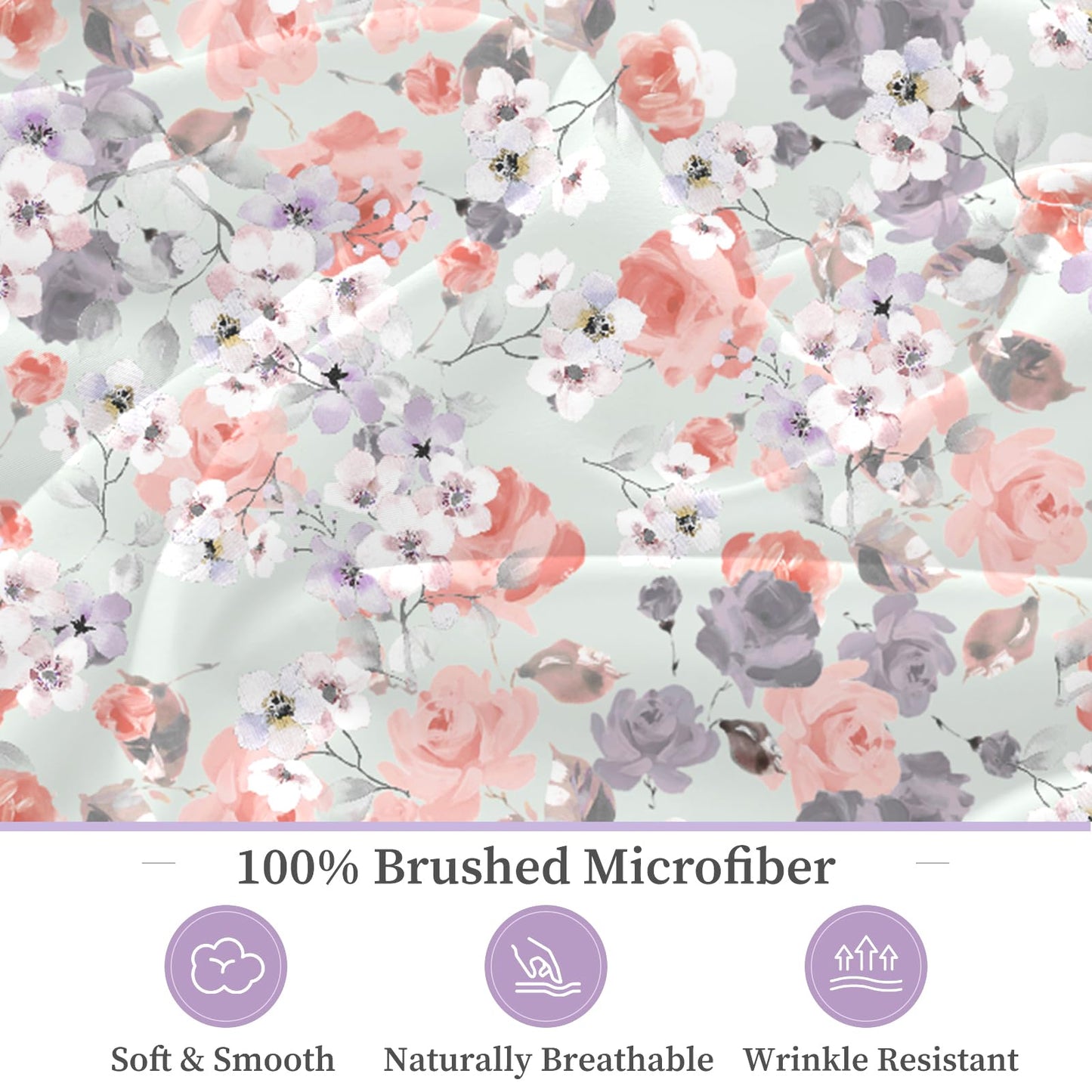 HCORA Floral Fitted Sheet with Pillow Cases, 100% Brushed Microfibre Deep Pocket Fitted Bottom Sheet, Ultra Soft, Shrinkage and Fade Resistant, Full Size