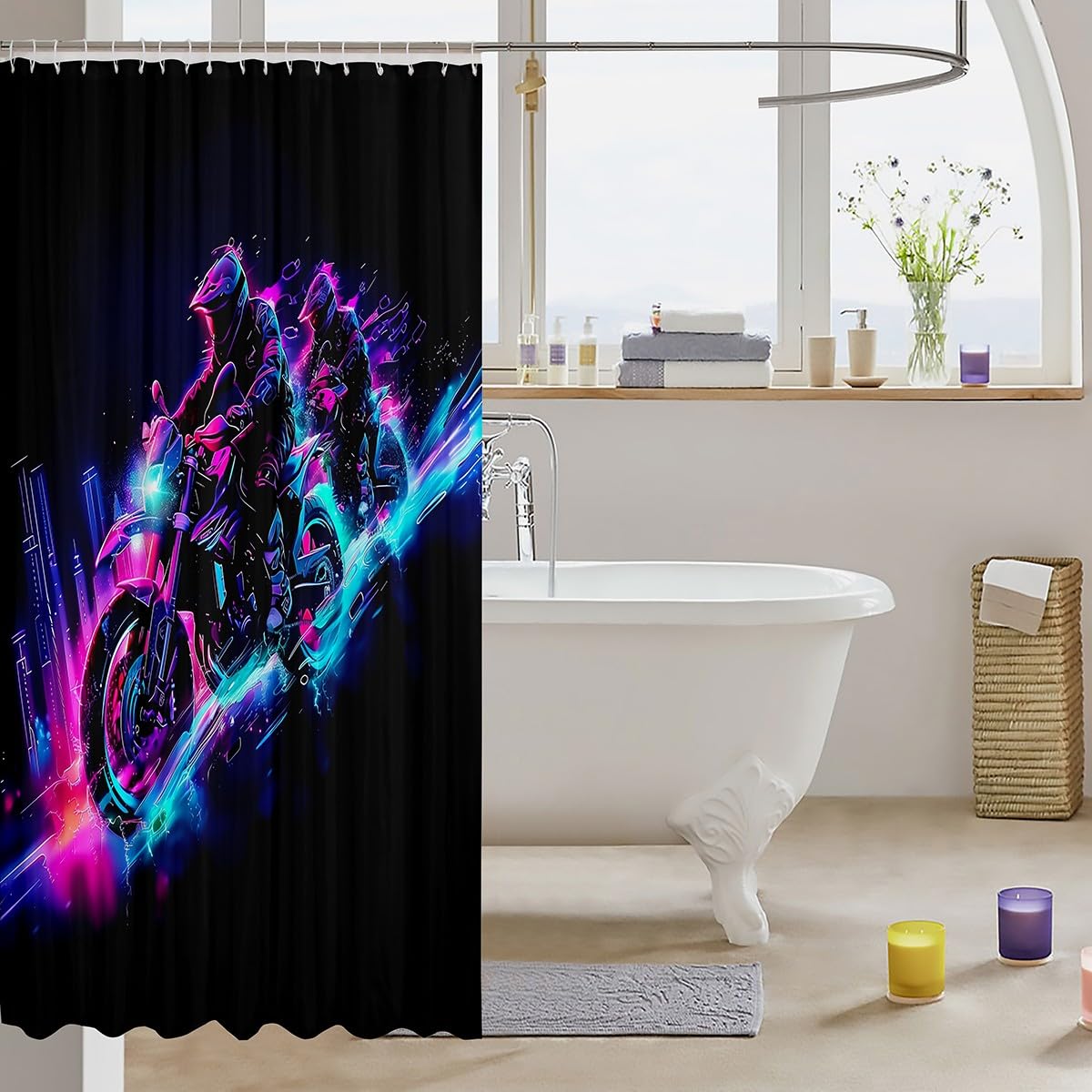 Feelyou Kids Dirt Bike Shower Curtain Racing Motocross Rider Bath Curtain Boys Girls Motorbike Bathroom Shower Curtain Set Extreme Sports Teens Bathroom Accessories Bedroom Decor 72"x78"