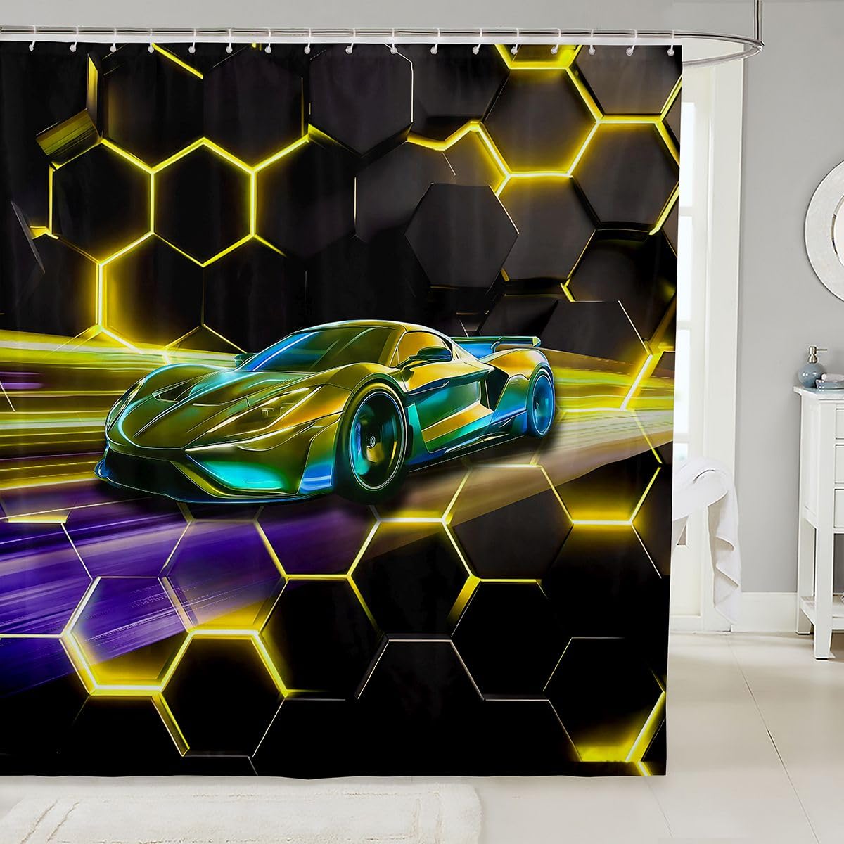 Feelyou Race Sports Car Shower Curtain for Bathroom Decor Honeycomb Bath Curtain for Stalls Bathtubs Extreme Sports Bathroom Accessories Waterproof Polyester Fabric with 12 Hooks 72"x72"