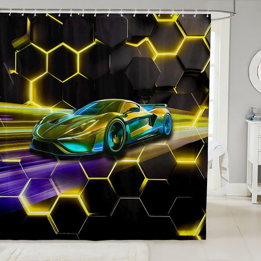 Feelyou Race Sports Car Shower Curtain for Bathroom Decor Honeycomb Bath Curtain for Stalls Bathtubs Extreme Sports Bathroom Accessories Waterproof Polyester Fabric with 12 Hooks 72"x72"