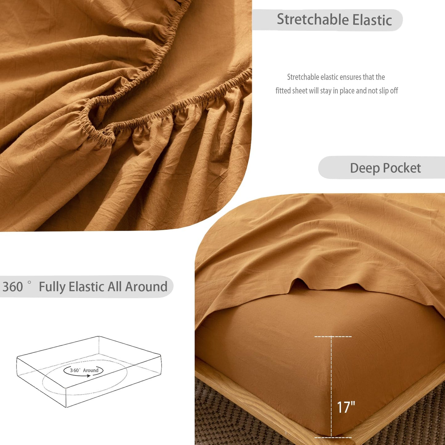 MooMee Fitted Bottom Sheet Only 100% Washed Cotton Linen Like Textured Breathable Durable Soft Comfy Deep Pocket Fits Mattress up to 17" (Dark Orange, Queen)