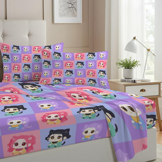 Allenjoy Cute Seamless Purple Korean Hunter Sheets Set with Fitted Sheet, Flat Sheet and 2 Pillowcases for Girls Teens Bedding Bedroom Nursery Room Decor, Machine Washable Durable Full Size