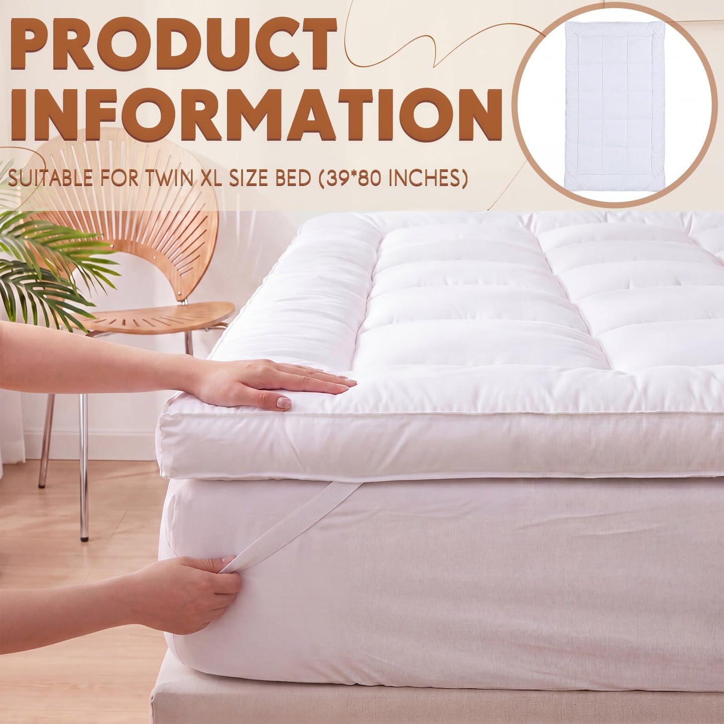 Xuhal Soft Twin XL Mattress Topper, Extra Thick Mattress Pad Cover with Straps, Breathable Pillow Top Protector College Dorm Size for Back Pain Relief(White)