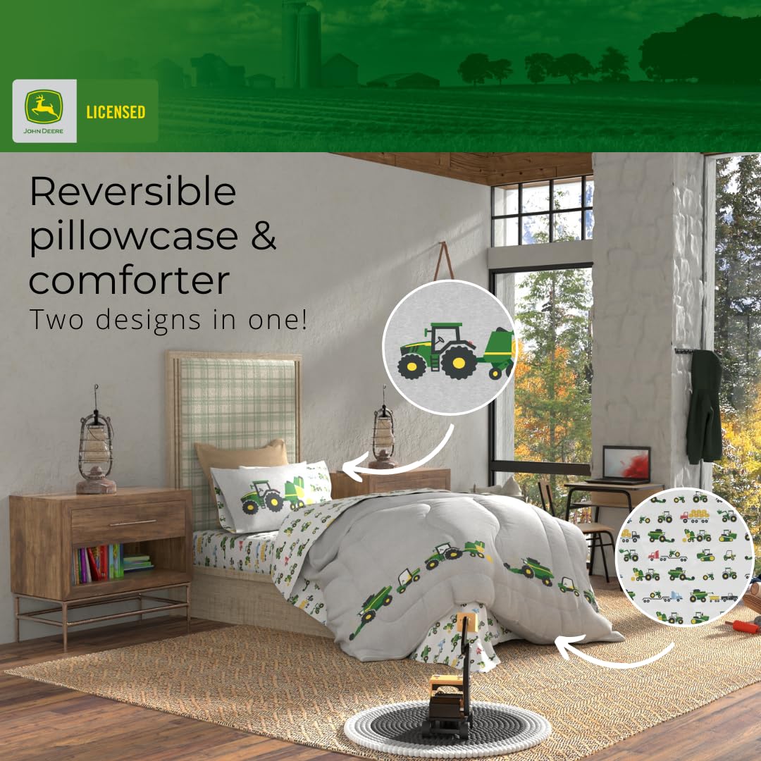 Franco Kids John Deere Farm Equipment Bedding 4 Piece Super Soft Reversible Comforter and Sheet Set, Twin, (Officially Licensed Product)