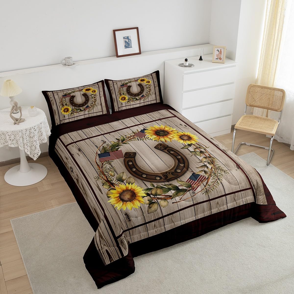 Homewish Horseshoe Comforter Set,Sunflowers Bedding Set for Kids Girls Women,Adults American Flag Comforter,Rustic Wooden Barn Quilted Duvet Set Bedroom Collection Twin Size 2Pcs