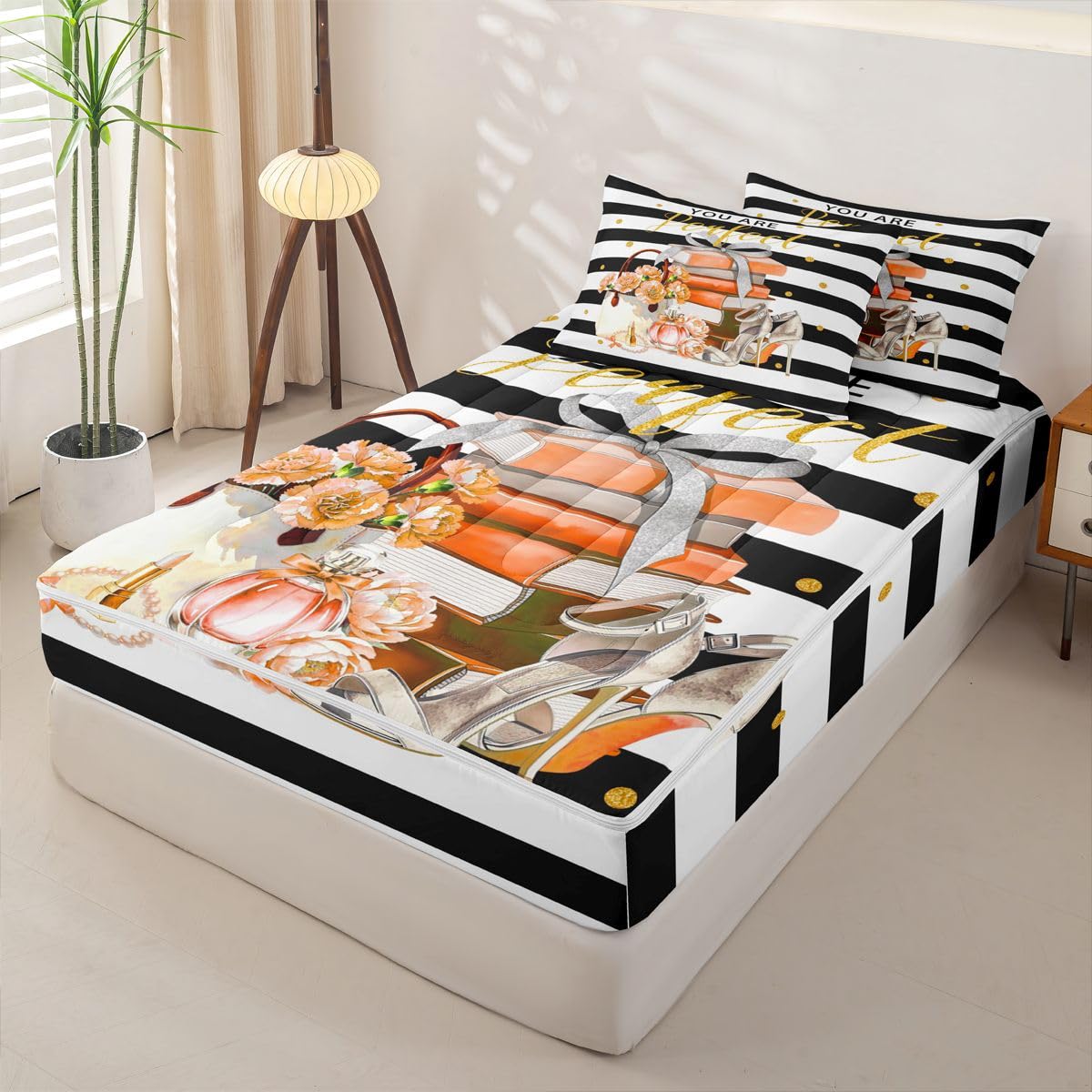 Feelyou Book Comforter Set Full Size Zipper Bedding Set for Girls Boys White Black Orange Comforter with Fitted Sheet, Pillowcases Perfume Zipper Bedding Soft Breathable Bed in a Bag