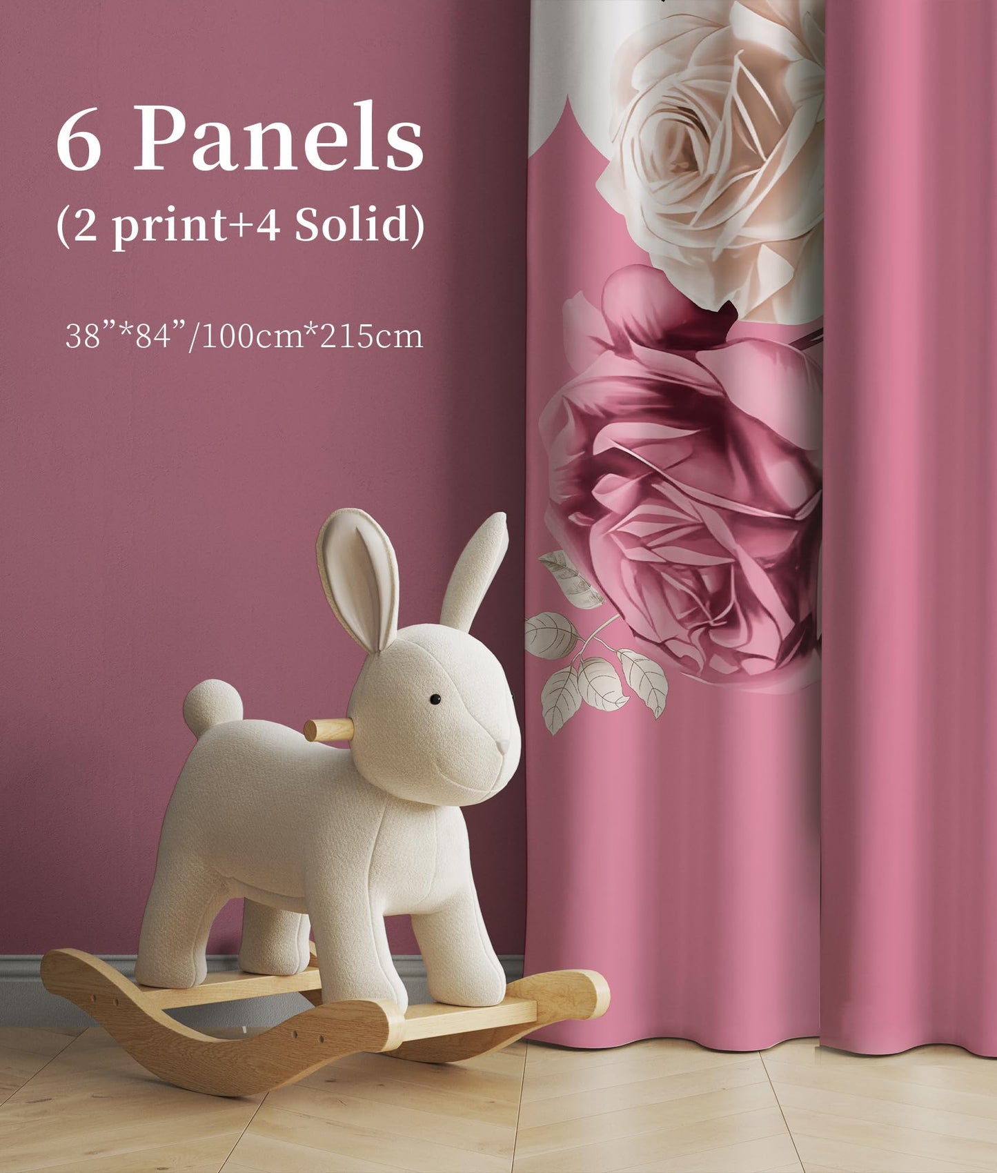 Reylox Pink Rose Floral Curtains with Grommets, 6 Pcs Set (2 Print Curtains, 4 Solid Curtains, 38"x84"), Patterned Decorative Curtains for Bedroom, Machine Washable Elegant Curtains