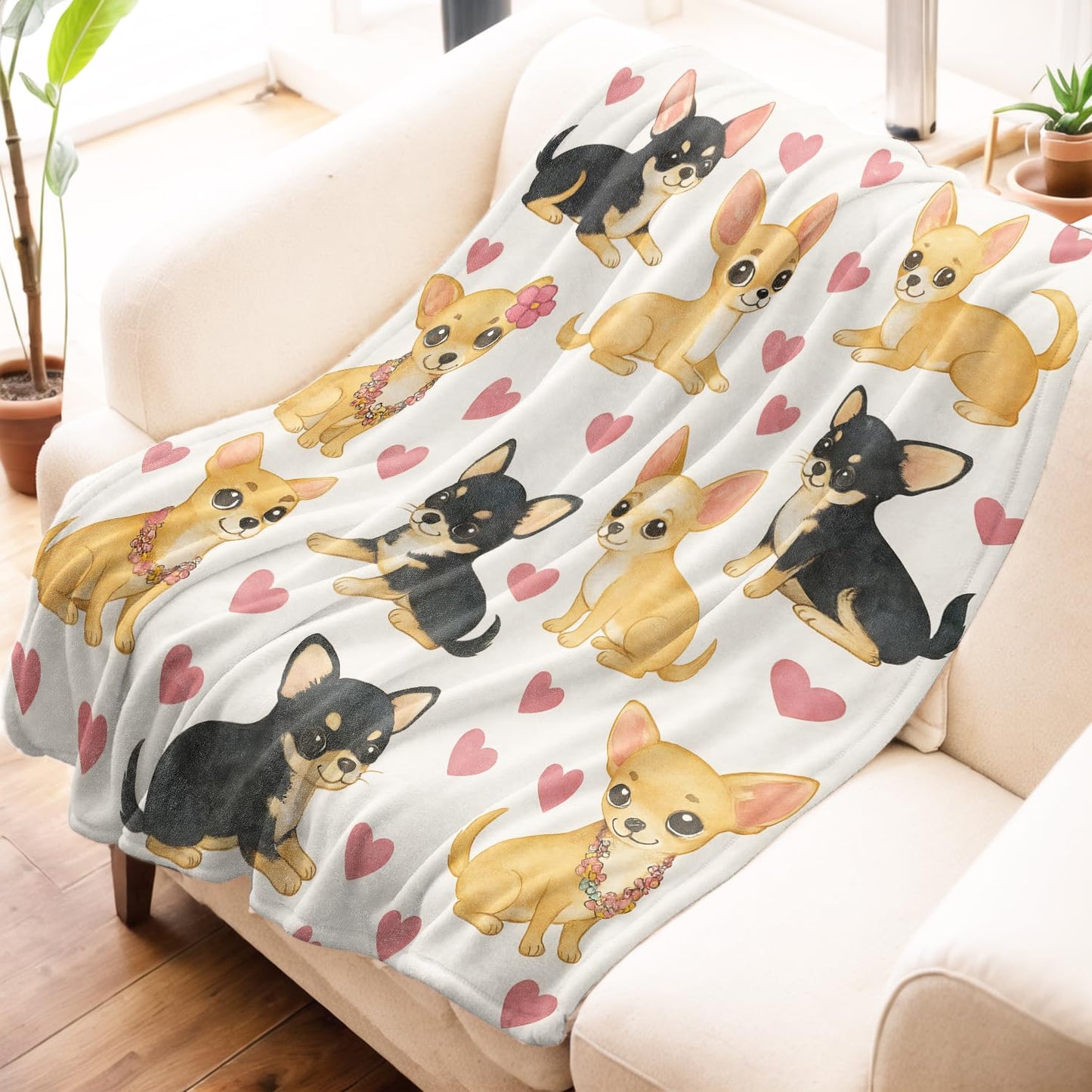 Mniedc Chihuahua Dog Blanket, Cute Puppy Flannel Throw Blankets, 50"x60", Soft Warm Lightweight Fuzzy Cozy Throws for Couch Bed Sofa Reading Decorative Gifts for Pet Lover Women Teen Kids, White