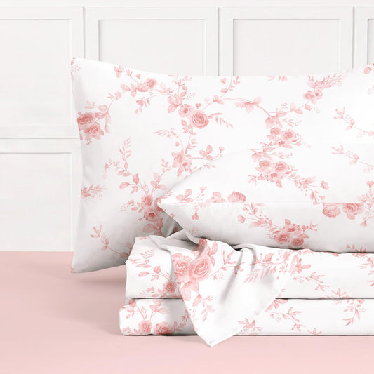 Wake In Cloud - Floral Bed Sheets, 4-Piece Sheet Set, Flower Shabby Chic Rose Pattern Printed Coquette Cottagecore Farmhouse Vintage Bedding, Deep Pocket, Pink White, Twin Size