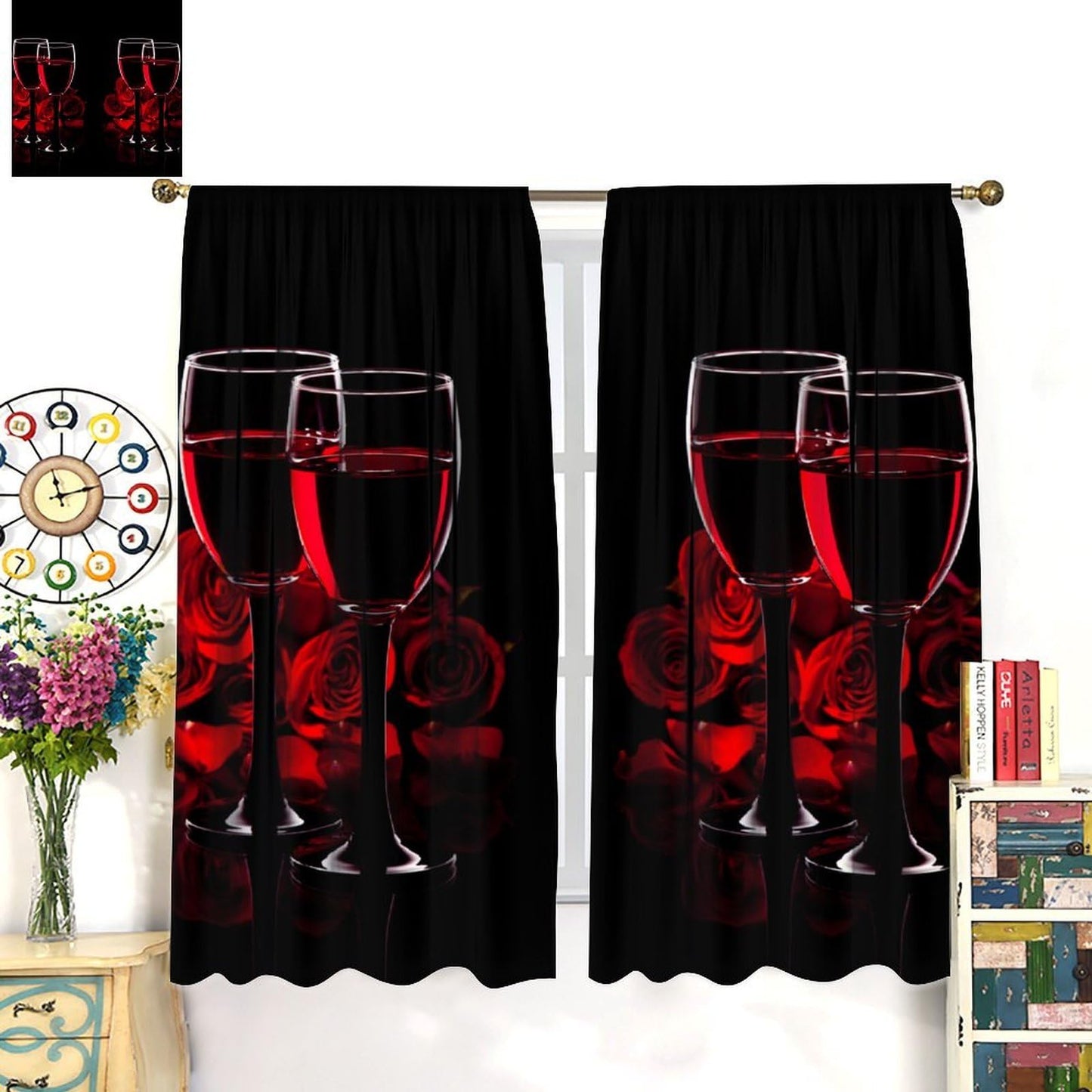 Wine Rose Curtains, Red Wine Glass Rose Floral Print, Light Filtering Window Drapes for Bedroom Dining Room Living Room, 20.5" W x 44.5" L, 2 Panels （No Blackout）