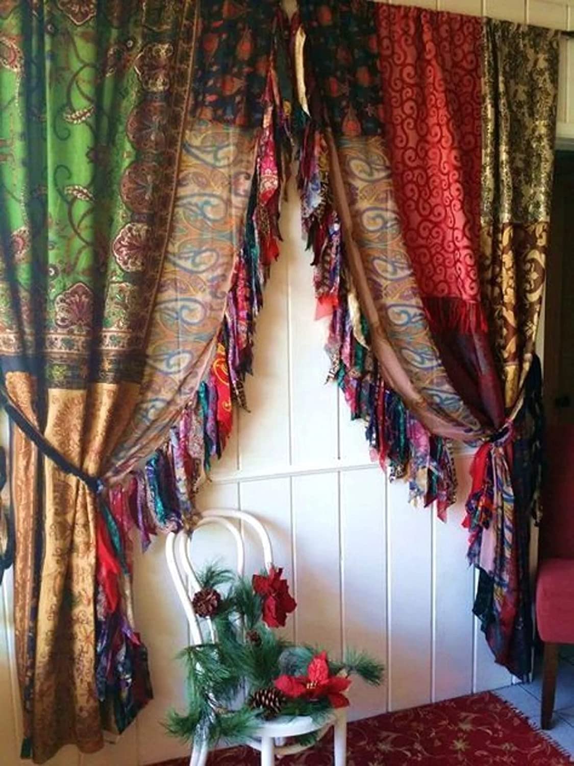 EthinicCraftHub® 2 PCS Indian Silk Saree Curtain Window Treatments Boho Gypsy Hippy Bohemian Wall Hanging Hippy Room Decor Curtain