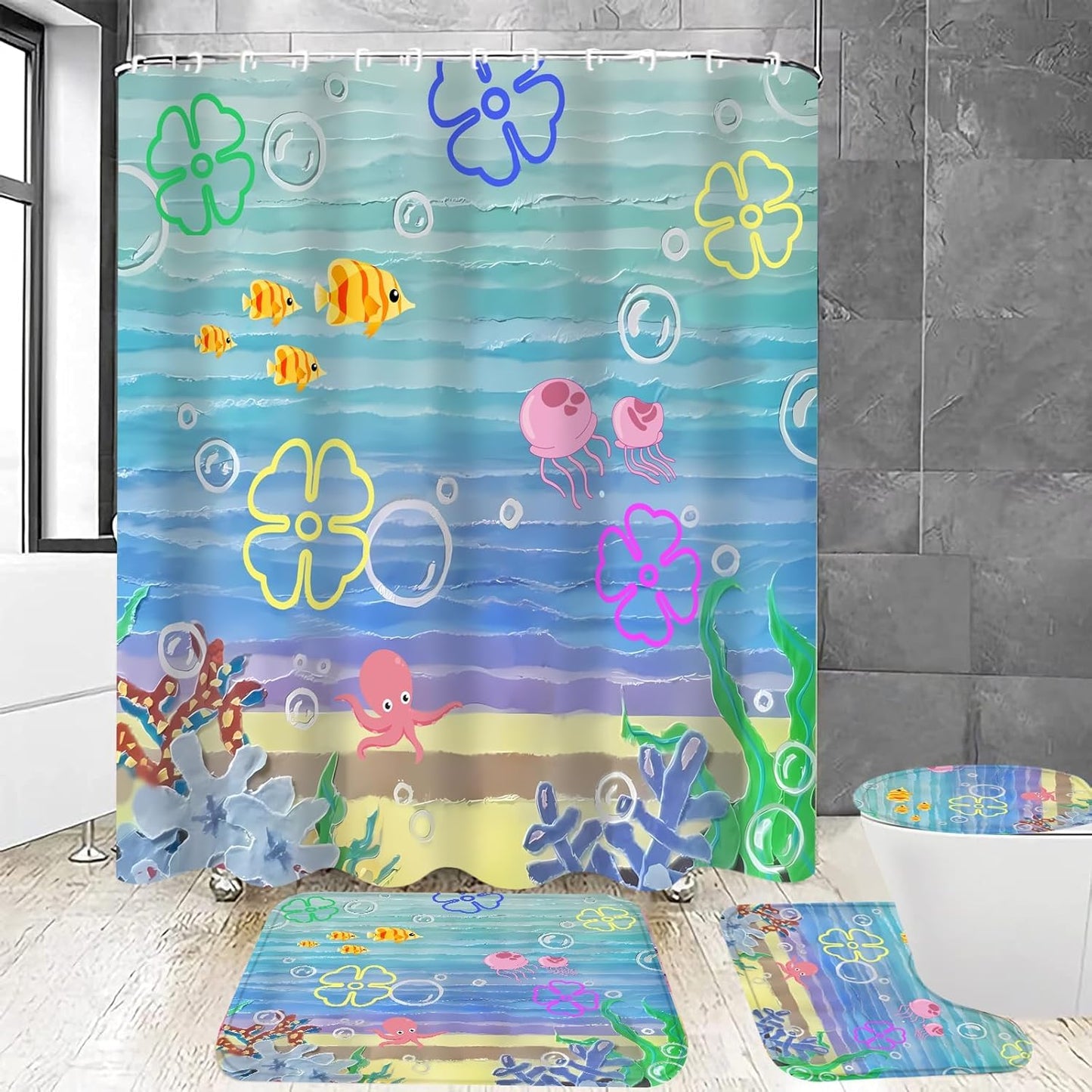 Yddsky 4Pcs Kids Ocean Cartoon Shower Curtain Set with Non-Slip Rugs, Toilet Lid Cover & Bath Mat, Waterproof Underwater Bathroom Decor Sets, Cute Marine Life Bathroom Accessories for Kids Bathroom