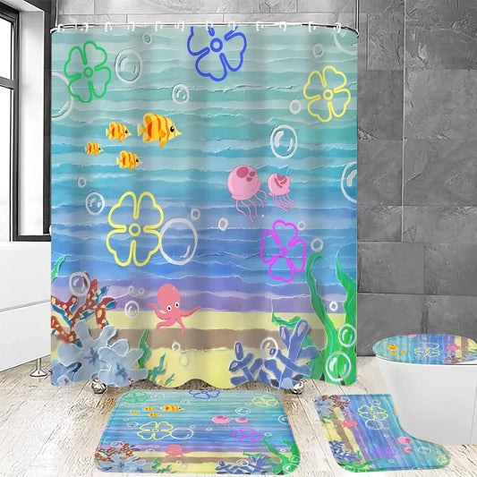 Yddsky 4Pcs Kids Ocean Cartoon Shower Curtain Set with Non-Slip Rugs, Toilet Lid Cover & Bath Mat, Waterproof Underwater Bathroom Decor Sets, Cute Marine Life Bathroom Accessories for Kids Bathroom