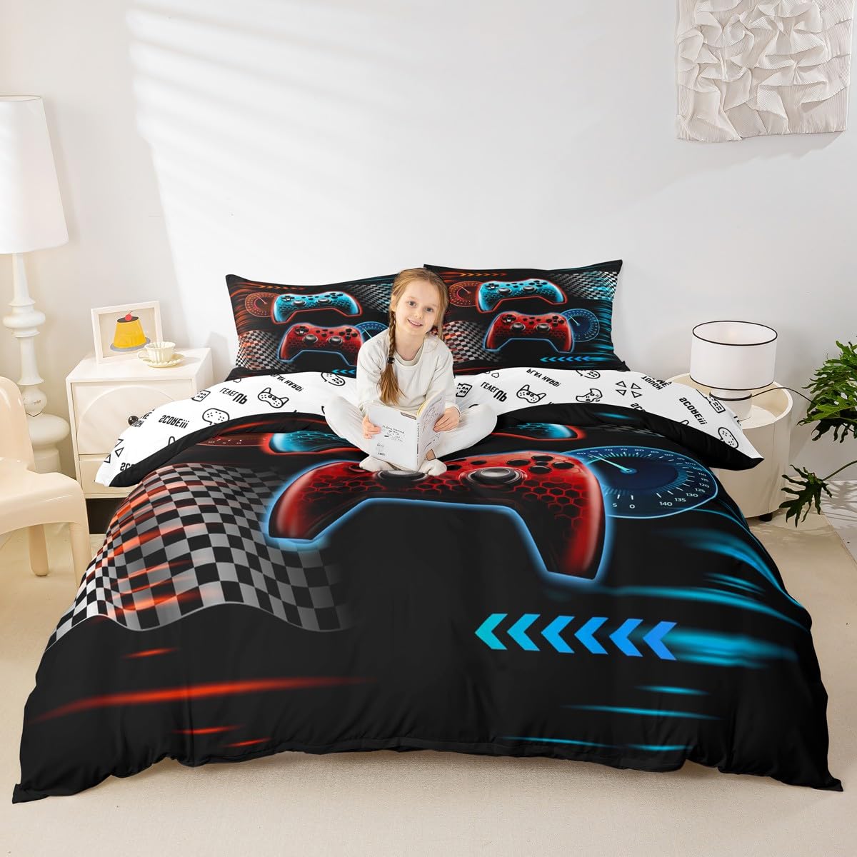 Gaming Gamepad Kids Duvet Cover Set Queen Size,Video Games Controller Race Flags Bedding Set,Boys Girls Men Room Decor,Geometric Honeycomb Hexagon Comforter Cover,Red Blue Quilt Cover,2 Pillowcases