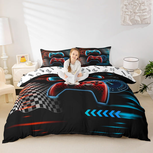 Gaming Gamepad Kids Duvet Cover Set Queen Size,Video Games Controller Race Flags Bedding Set,Boys Girls Men Room Decor,Geometric Honeycomb Hexagon Comforter Cover,Red Blue Quilt Cover,2 Pillowcases