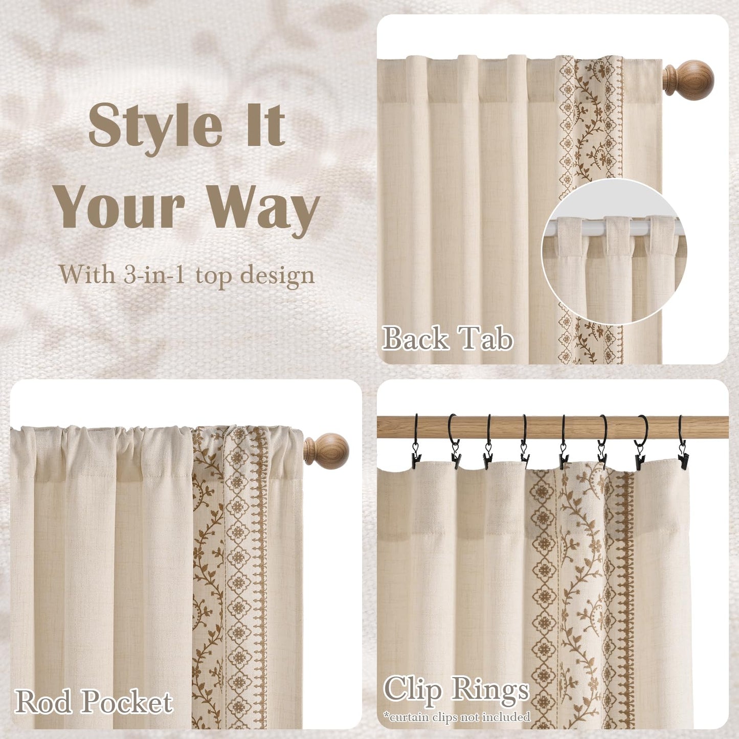 Yinhua Boho Curtains for Living Room 84 Inch Long Brown Embroidered Floral Bedroom Curtains, Farmhouse Light Filtering Window Curtain Rod Pocket & Back Tab Drapes, 52" W x 84" L, 2 Panels
